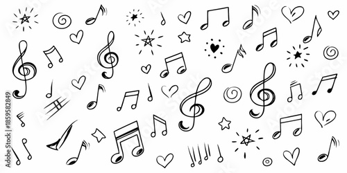 A charming collection of hand drawn musical notes hearts and stars on a white background