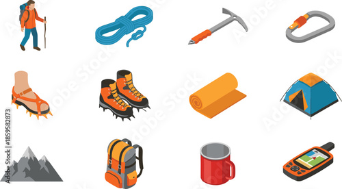 Hiking and camping equipment icon set illustration, flat vector collection of outdoor adventure gear for trekking, mountaineering, travel, and exploration concepts