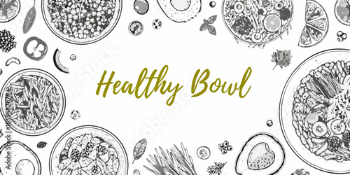 A variety of healthy food bowls and ingredients displayed in a sketch style