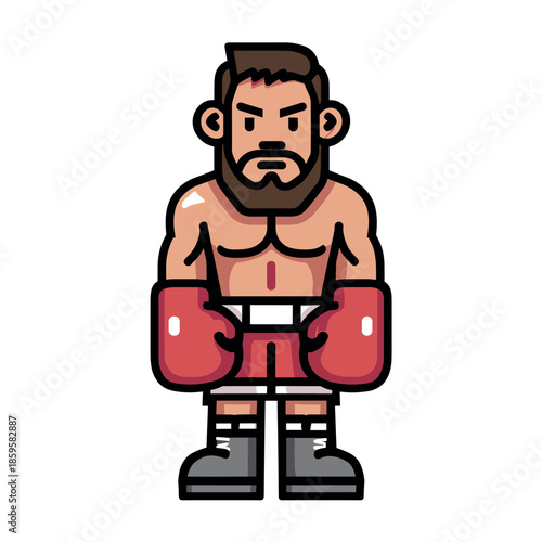 Cartoon male boxer with a beard and serious expression stands ready in red gloves and shorts, embodying strength and determination for combat sports.
