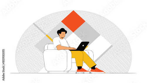 Man sitting on a chair with laptop resting on knees, relaxed posture, modern illustration style, casual clothing, white background, abstract