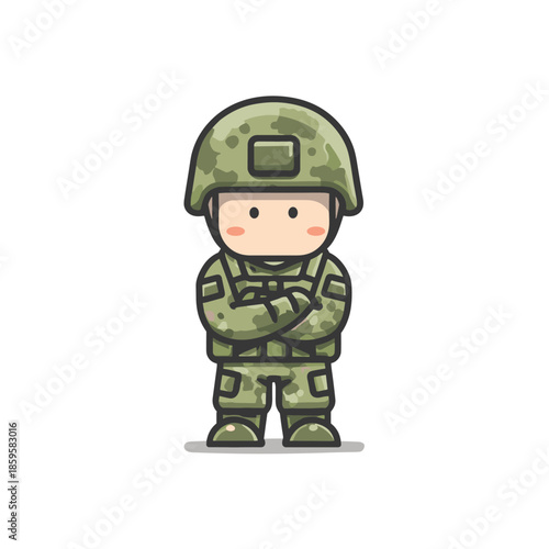 Cute cartoon soldier character standing confidently with arms crossed, wearing a camouflage uniform and helmet, representing military service and protection.
