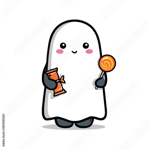Cute cartoon ghost character holding candy and lollipop for Halloween trick-or-treating, smiling with rosy cheeks in a friendly illustration.