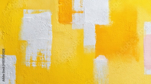 Abstract yellow wall art with white and pink paint strokes creating a vibrant backdrop