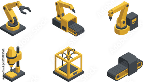 Isometric industrial robot and factory machine set illustration, flat vector icons representing automation, manufacturing technology, and modern production equipment