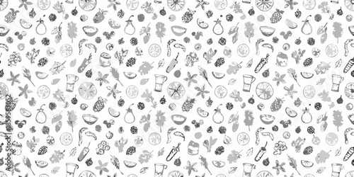 A detailed black and white pattern featuring various fruits vegetables and kitchen items