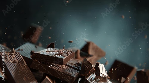 Chocolate bar breaking and flying in slow motion.