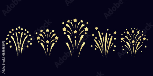 Golden firework displays illuminate a dark background creating a celebratory scene
