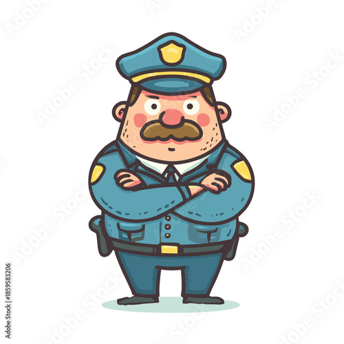 Cartoon police officer man with a mustache wearing a blue uniform and cap, standing with his arms crossed in an authoritative pose.
