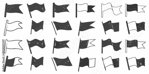 Collection of black and white sketched flags waving in various directions