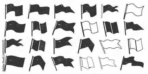 An array of sketched black flags waving in various dynamic positions