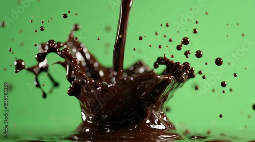 Pouring chocolate splash with droplets frozen in motion