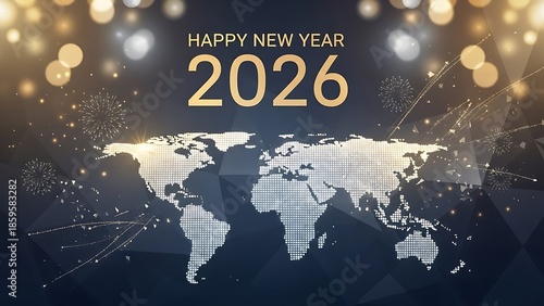 Happy new year 2026 global celebration greeting card with world map