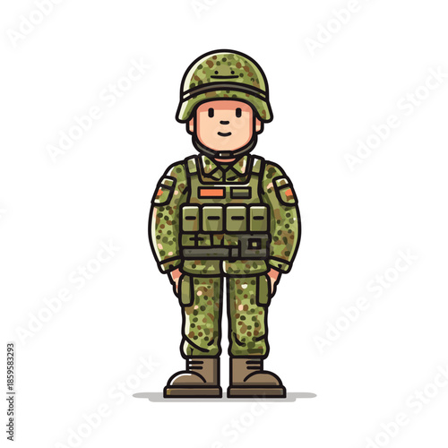 Cartoon soldier stands ready in full military uniform, wearing a camouflage helmet and tactical vest, representing military service and protection.