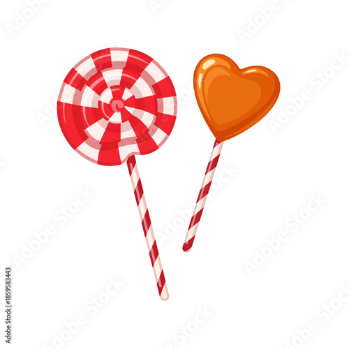 Two Valentine's Day Lollipops with Heart Shape and Swirl Design Isolated on White.