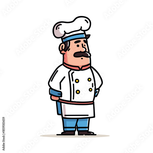 Chef character illustration depicting a friendly culinary professional wearing a traditional white uniform and toque, ready to prepare delicious meals.