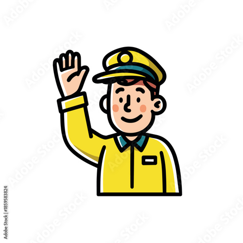 Cartoon man in yellow uniform waves hand cheerfully, greeting with a friendly smile and a welcoming gesture, conveying a positive and approachable message.