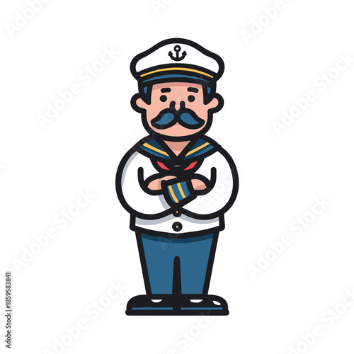 Cartoon captain character with a mustache and sailor uniform stands confidently with arms crossed, representing maritime adventures and nautical themes.