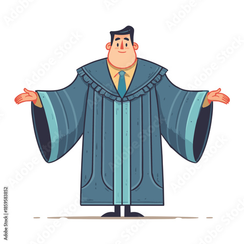 Friendly cartoon man in a formal graduation robe stands with outstretched arms, making a welcoming or questioning gesture, symbolizing education or legal profession.