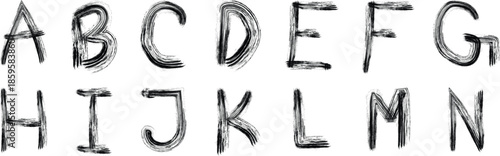 Brushstroke alphabet, bold letters, textured font, uppercase A to N, artistic typography, vector design, black ink, creative style, graphic layout, modern