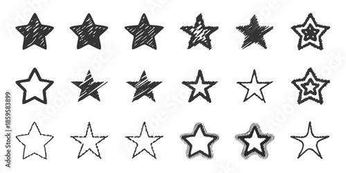 A collection of hand drawn sketchy black stars in various styles and shapes