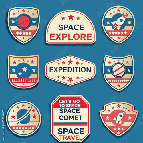 Vintage space exploration patches featuring planets rockets and starry designs
