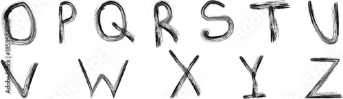 Brushstroke alphabet, bold letters, textured font, uppercase O to Z, artistic typography, vector design, black ink, creative style, graphic layout, modern