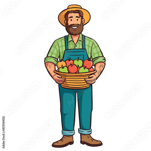 Smiling male farmer holding a basket of fresh apples, proudly showcasing his bountiful harvest from the orchard in a cheerful cartoon illustration.