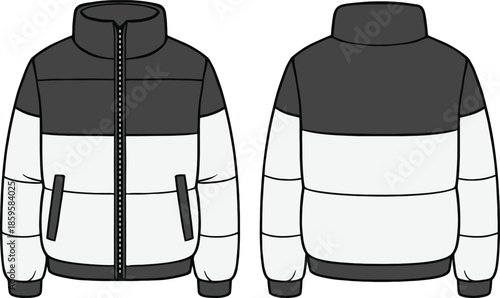 Color block puffer jacket, front and back view, winter fashion, insulated outerwear, zipper design, modern style, retail catalog, apparel