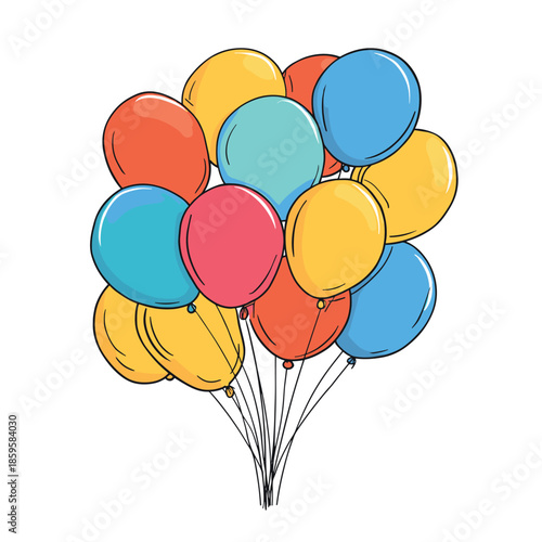 Vibrant collection of colorful party balloons with strings tied together, creating a cheerful and festive atmosphere for any joyful celebration or special event.