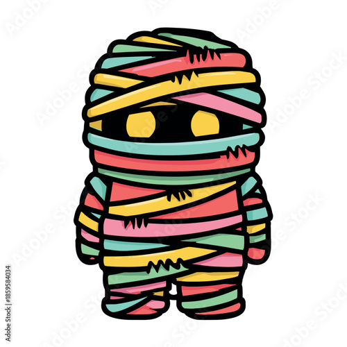 Cute mummy character wrapped in colorful bandages stands upright, featuring bright yellow eyes and a playful, cartoon-like design.