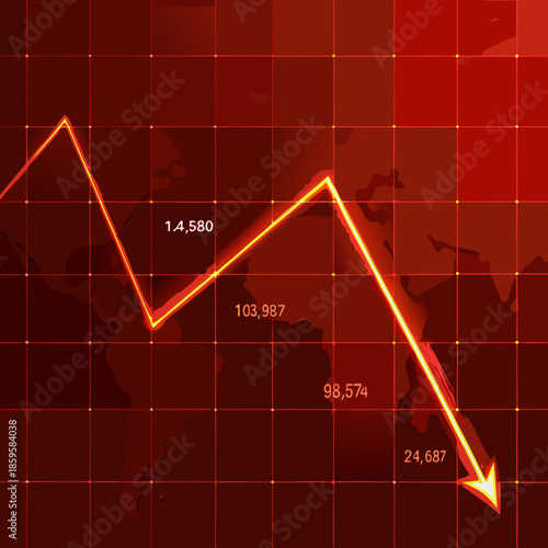 Dramatic market decline visualized with a red line graph over a world map