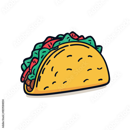 Delicious cartoon style taco with a crispy shell and fresh fillings, featuring savory meat, crisp lettuce, and ripe tomatoes, perfect for a quick meal or snack.