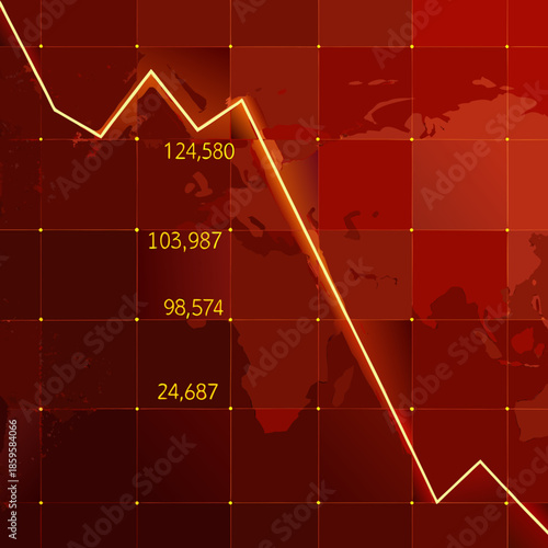 Global economic downturn illustrated by a declining graph on world map