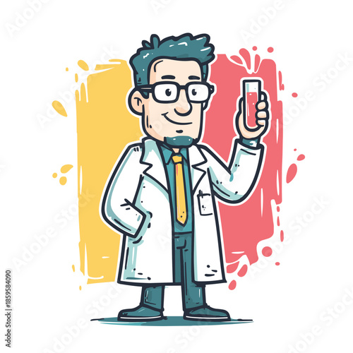 Friendly cartoon scientist character holding a test tube with red liquid, smiling cheerfully and confidently, representing scientific research and medical innovation.
