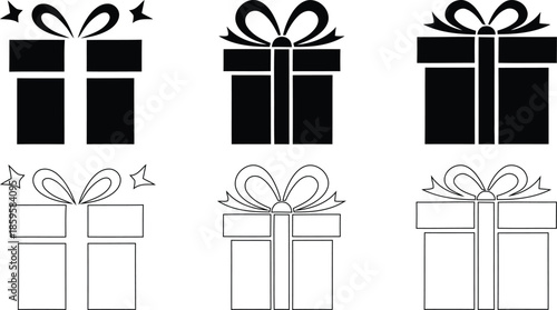 Gift box icons, silhouette and outline, festive design, holiday packaging, vector illustration, ribbon shapes, graphic style, celebration symbol, minimal art