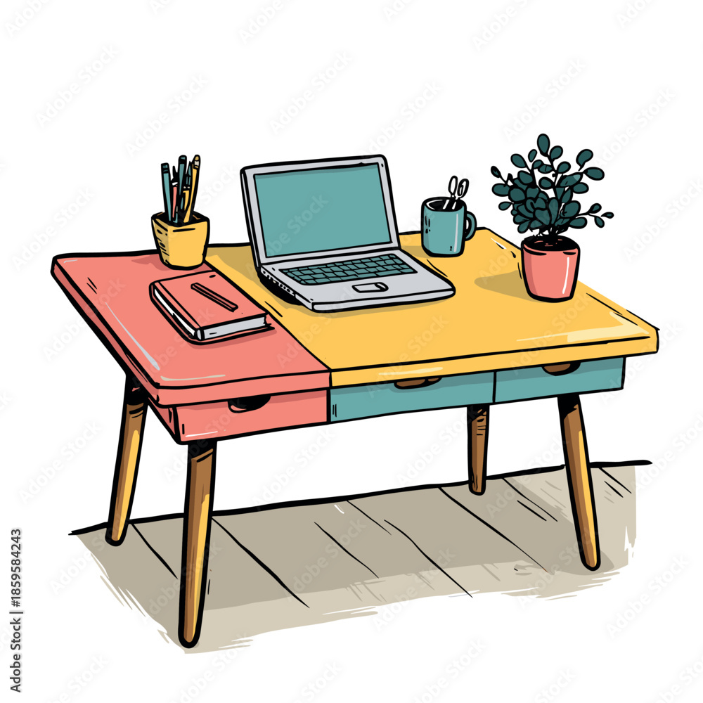 Fototapeta premium Colorful wooden desk with a laptop and accessories, providing a cheerful and functional workspace for productivity and creativity.