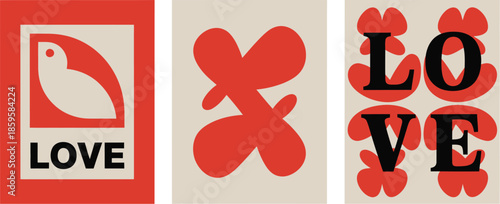 Contemporary graphic art prints with abstract shapes and powerful 'LOVE' typography