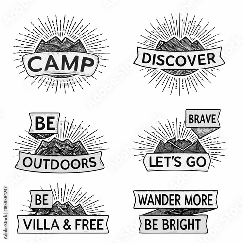 Hand drawn camping and adventure badges with mountain illustrations