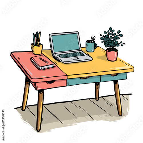Colorful wooden desk with a laptop and accessories, providing a cheerful and functional workspace for productivity and creativity.