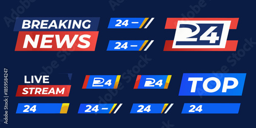 Breaking news television graphic with a 24 channel logo and live stream banner