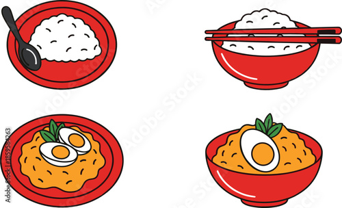 Asian rice bowl and omelet dishes collection with spoon and chopsticks isolated on white background cartoon vector illustration