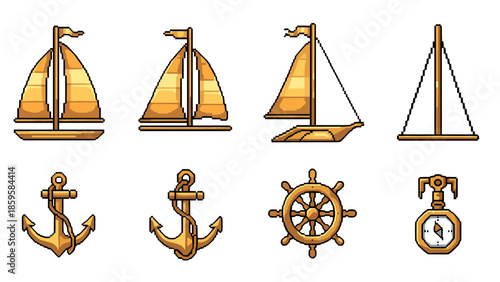 Pixel art nautical elements with sailboats, anchors, and compass