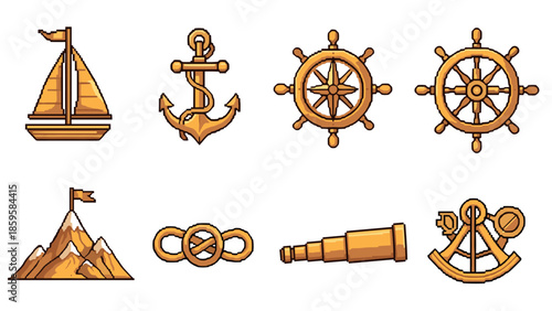 Retro nautical pixel art collection featuring sailing and navigation icons