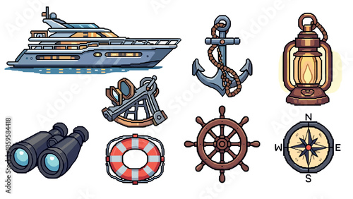 Nautical pixel art: icon set with yacht, anchor, binoculars, and compass