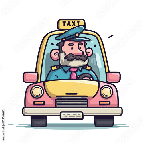 Friendly cartoon taxi driver is cheerfully driving his vibrant pink and yellow car, ready to transport passengers around the city.