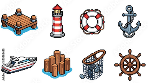 Nautical icons set featuring lighthouse, anchor, and life buoy in pixel art style