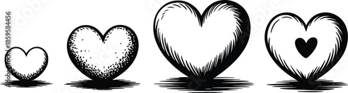 Four Hearts of Varying Sizes and Styles on a White Background