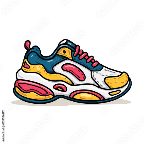 Colorful athletic running shoe with a chunky sole and vibrant design is depicted in a playful cartoon style, perfect for active lifestyle and fashion themes.