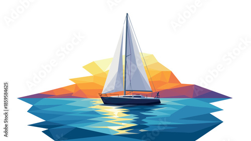 Geometric sailboat at sunset on tranquil water with vibrant low poly design
